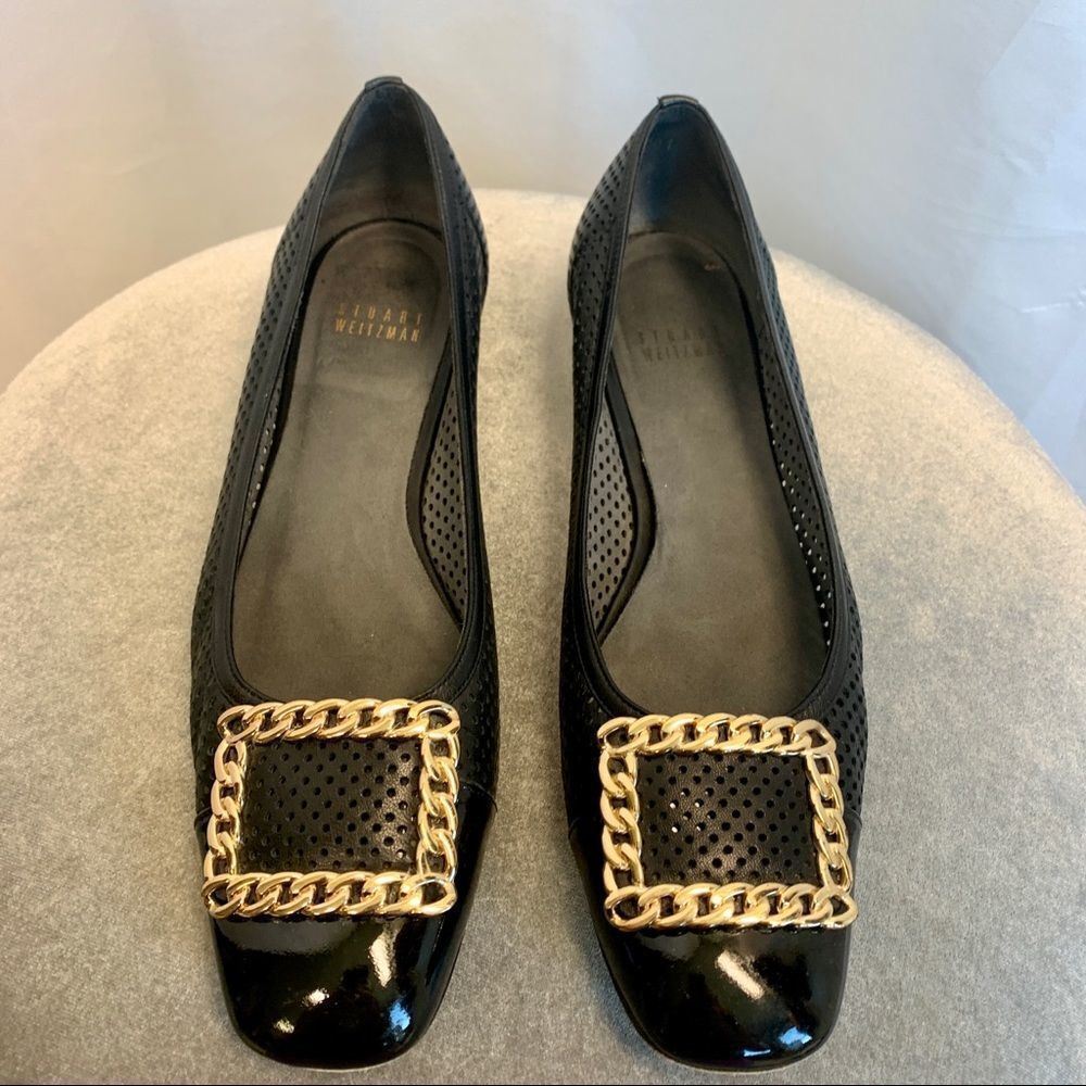𝅺STUART Weitzman black gold Pan Nappa Chainolo Flats Sz 9 - Picture 4 of 9